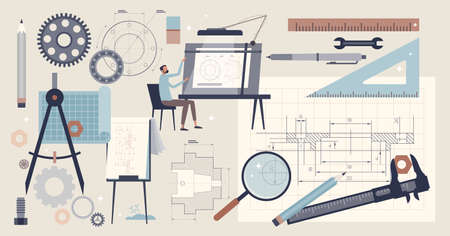Technical drawing and blueprint draft elements tiny person collection set