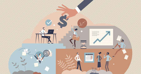 Work organisation and job system with business management tiny person conceptのイラスト素材