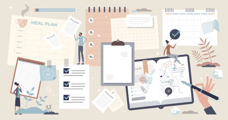 Notes and reminder items with paper stationery tiny person collection setのイラスト素材