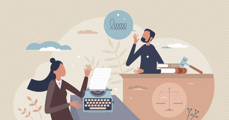 Court reporter work as writing testimony on stenotype tiny person conceptのイラスト素材