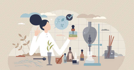 Apothecary drugs with chemical and herbal ingredients tiny person conceptのイラスト素材