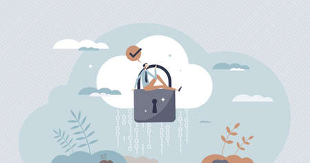 Secure cloud with virtual database security protection tiny person conceptのイラスト素材