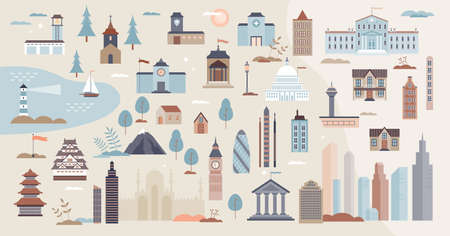 Buildings set and urban architecture houses tiny person items collectionのイラスト素材