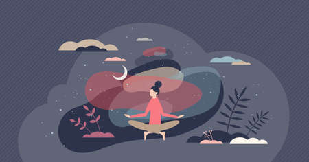 Meditation practice and yoga relaxation for body harmony tiny person conceptのイラスト素材