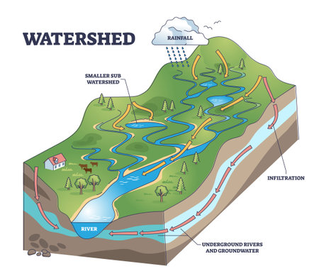 Watershed as water basin system with mountain river streams outline diagramのイラスト素材