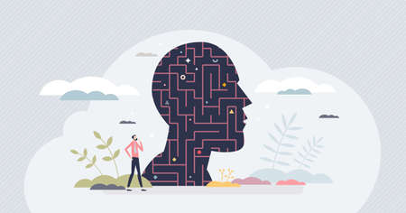 Psychology maze and brain puzzle as find problem solution tiny person conceptのイラスト素材