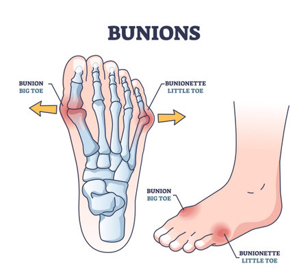 Bunions and bunionette as feet bone disorder condition outline diagramのイラスト素材