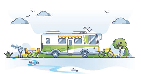 Camper lifestyle scene with trailer van recreation journey outline conceptのイラスト素材