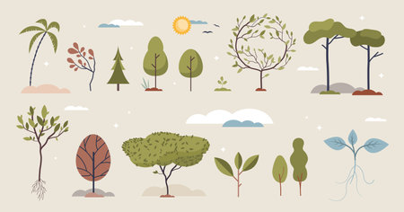 Trees set with various growing plants and elements tiny person collectionのイラスト素材