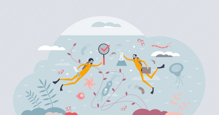 Marine biology and ocean wildlife exploration occupation tiny person concept