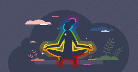 Aura energy and spiritual meditation with glowing light tiny person conceptのイラスト素材