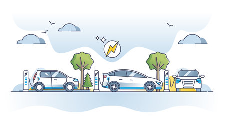 EV electric vehicle charging station with power sockets outline conceptのイラスト素材