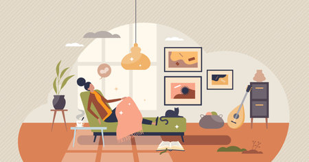 Hygge lifestyle with warm and cozy home interior feeling tiny person conceptのイラスト素材