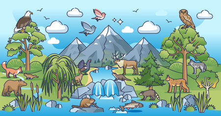 Eco system as nature habitat for flora and fauna variety outline conceptのイラスト素材