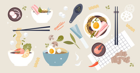 Ramen soup elements with food sticks bowls and ingredients tiny person setのイラスト素材