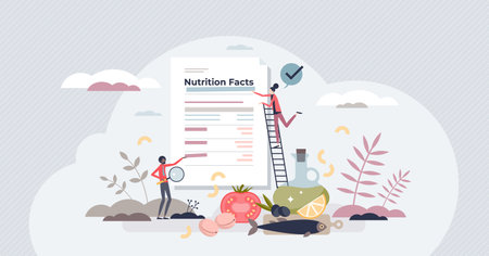 Nutrition facts on product and information about calories tiny person conceptのイラスト素材