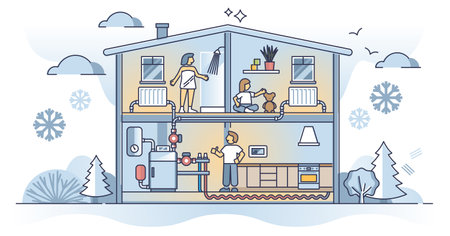 Boiler heating system diagram and pipeline for indoor climate outline conceptのイラスト素材