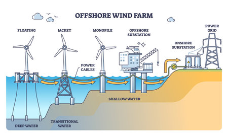 Offshore wind farm with turbine stations at sea or ocean outline diagramのイラスト素材