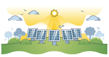 Solar farm with sun panels for electricity power production outline conceptのイラスト素材