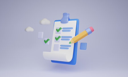 Checklist document with filled check marks and pencil, 3D illustration concept.の写真素材