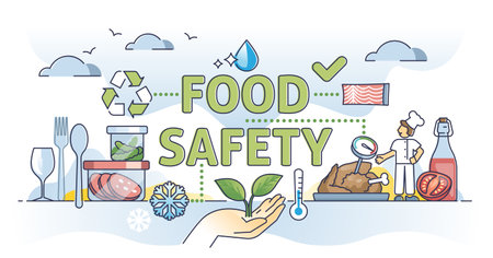 Food safety control with cooking and ingredients inspecting outline conceptのイラスト素材