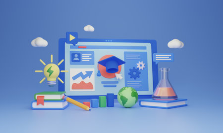 Online education course or distance learning class, 3D illustration concept. E-learning cyberspace...