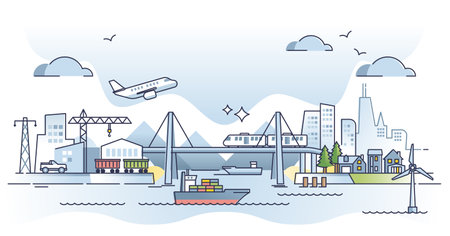 Infrastructure as city transport structures and facilities outline concept. Urban modern town scene with transportation types vector illustration. Dynamic metropolis with plane, truck, ship and train.のイラスト素材