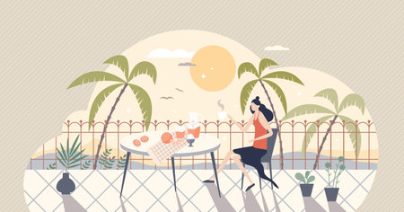 Slow living with peaceful, calm and mindful daily life tiny person concept. Enjoy moments without stress and enjoy mental peace with escape from job vector illustration. Happy female in vacation sceneのイラスト素材