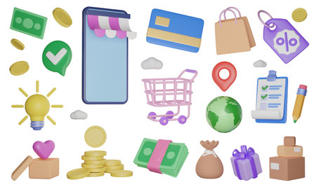 Online store objects set with e-commerce shop related graphics, 3D illustration. Mobile screen,...