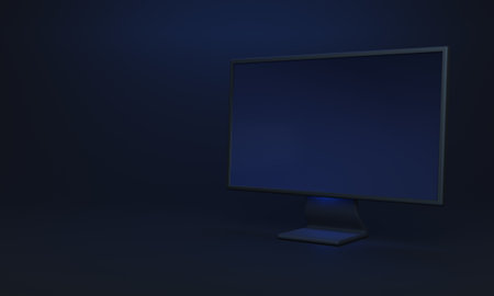 Computer screen mockup, angle view on a dark background, 3D illustration. Copy space ready. Three dimensional rendering in clean and minimalistic environment. Tech and cyberspace dark theme atmosphereの写真素材