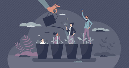 Professional career growth and personal development tiny person concept. Work performance improvement with high training, determination and ambition skills vector illustration. Employee job success.のイラスト素材