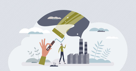 Greenwashing disinformation with company fake marketing tiny person concept. Corporate lies about factory pollution amount with CO2 emissions vector illustration. Hide toxic fumes with false cover.のイラスト素材