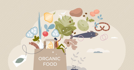 Food organics as fresh or healthy product consumption tiny person concept. Ecological nutrition purchase from local store for wide assortment meal preparation vector illustration. Bio eating lifestyleのイラスト素材