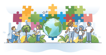 SDG or sustainable development goals with ecology standard outline concept. Environmental future social plan target from United Nations for ecosystem, climate and nature protection vector illustrationのイラスト素材