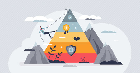 Self actualization as top layer from Maslow pyramid tiny person concept. Personal desire for psychological happiness, life ambition fulfillment and development goal satisfaction vector illustration.のイラスト素材