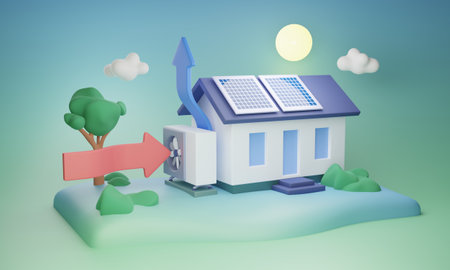 Modern air source heat pump system installed in a residential building, 3D illustration concept. Energy efficient, sustainable and climate friendly solution for heating and cooling a home.の写真素材