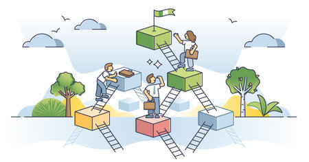 Leveling up your skills with personal development or training outline concept. High ambition aspiration as climbing career ladder for accomplishments and success vector illustration. Competence raiseのイラスト素材