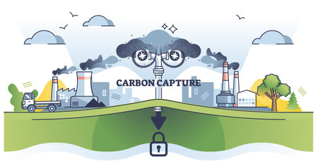 Carbon capture method for CO2 exhaust storage underground outline diagram. Educational scheme with environmental solution for factory emissions control vector illustration. Decrease dioxide level.のイラスト素材
