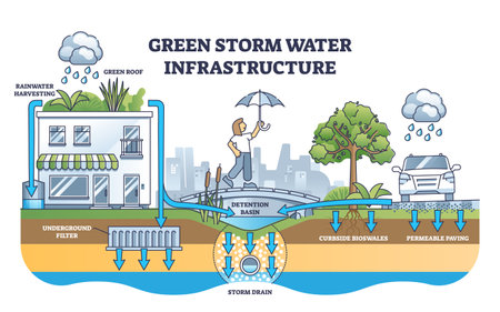 Green storm water infrastructure with rain absorption methods outline diagram. Labeled educational scheme with stormwater harvesting, underground filter and storm drain examples vector illustration.のイラスト素材