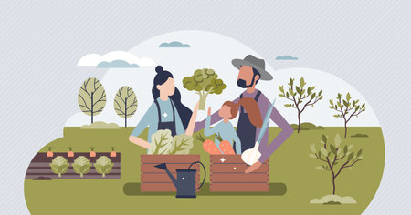 Sustainable lifestyle family with organic food growing tiny person concept. Nature friendly, sustainable and environmental countryside with local food harvest for healthy eating vector illustration.のイラスト素材