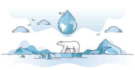 Effects of climate change and global warming glacier disaster outline concept. Polar bear extinction because of hot temperatures and ice melting vector illustration. Environmental catastrophe processのイラスト素材