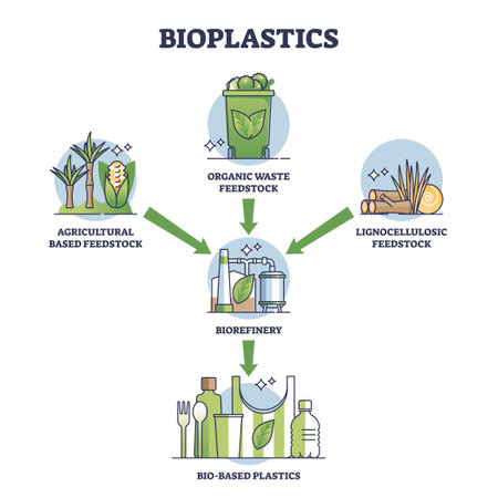 Bioplastics waste recycling process from garbage to products outline diagram. Labeled educational scheme with organic feedstock, biorefinery unit and bio based plastic bottles vector illustration.のイラスト素材