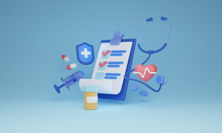 Health care 3D illustration, modern health care concept with a variety of services including medicine, medical treatment, pharmacy and insurance. Patient centered therapy and clinical services.の写真素材