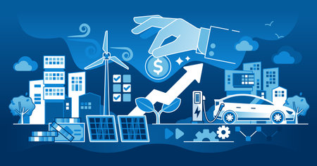 Renewable energy investment with financial funding dark outline concept. Alternative and recyclable power sources, electrical vehicles and solar or wind electricity development vector illustration.のイラスト素材