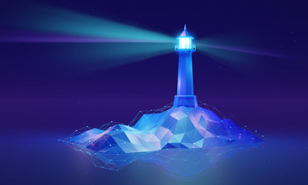 Towering lighthouse in a futuristic, digital world, 3D illustration concept. Evolving technology and the potential for progress. A guide, inspiring innovation and leadership towards a brighter future.の写真素材