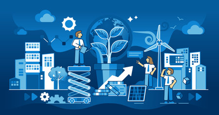 Corporate social responsibility as sustainable business dark outline concept. Business with nature friendly and environmental principles for ethical and fair attitude to society vector illustration.のイラスト素材