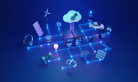 Edge computing concept, 3D illustration. Distributes data processing and storage closer to IoT devices. Improves network infrastructure and system efficiency by reducing latency and bandwidth.の写真素材