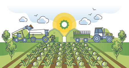Agribusiness as agricultural business with food industry outline concept. Maximize efficiency for harvesting company profit vector illustration. Vegetables production and boost machinery productivityのイラスト素材
