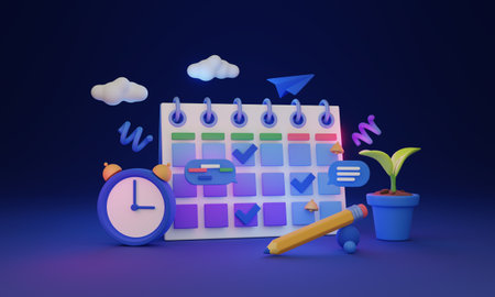 Calendar time schedule 3D concept. Monthly schedules and reminders, helping to organize time and manage tasks. Efficient time management and organizer. Productivity and successful goal achievement.の写真素材