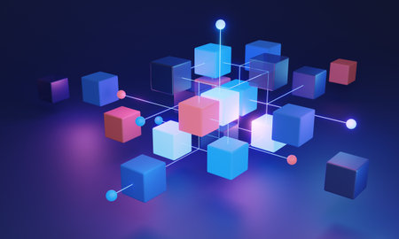 Decentralized blockchain system 3D concept, utilizing algorithmic technology and a distributed network for secure data clustering. Highly secure and reliable network for data storage and distribution.の写真素材